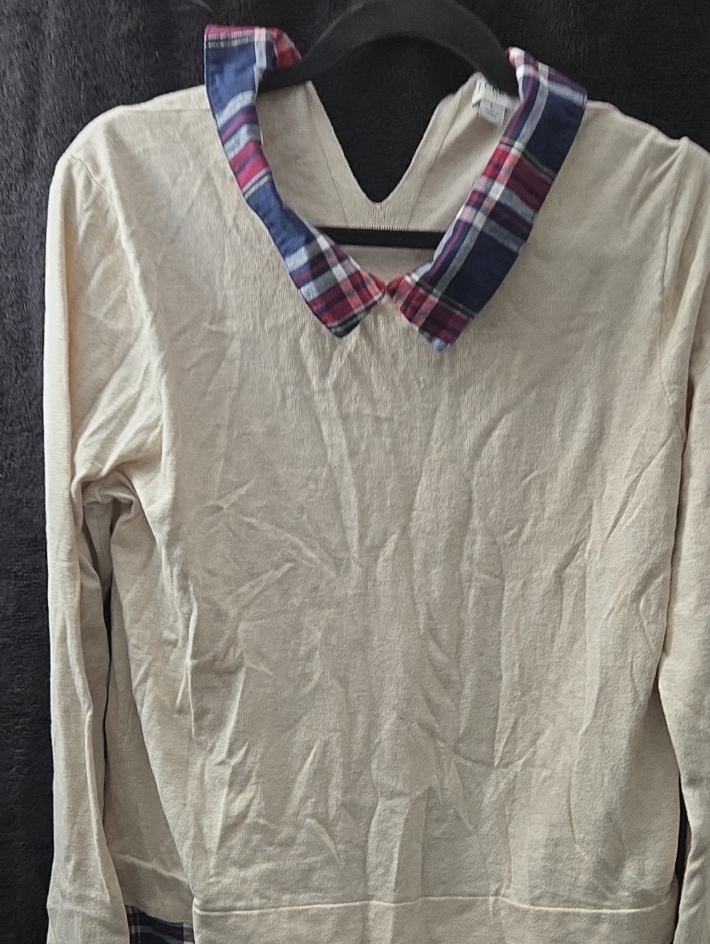 J. Crew Cream Pullover with Navy & Red Plaid Trim